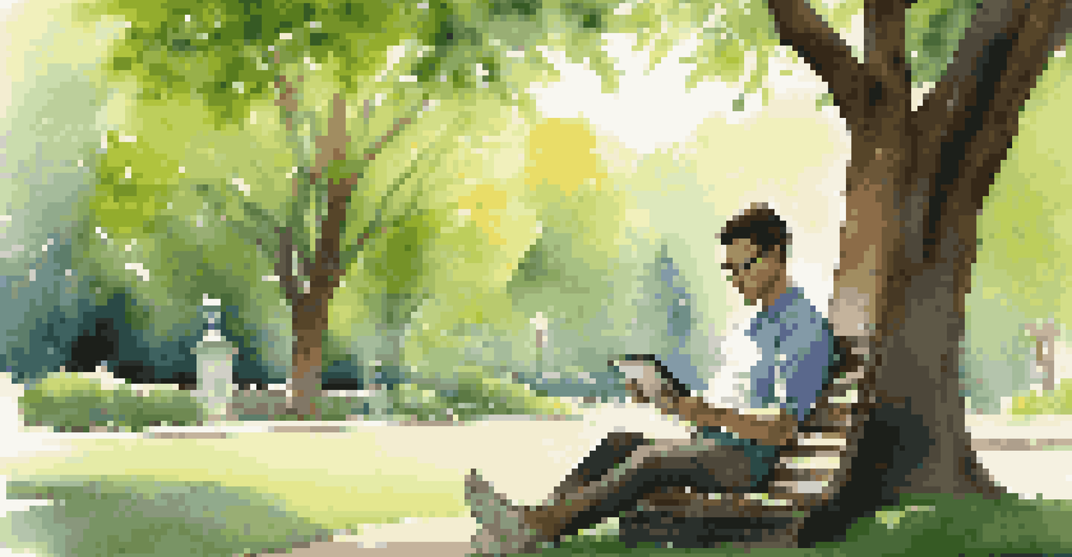 A young professional reading about loan forgiveness programs in a park setting.
