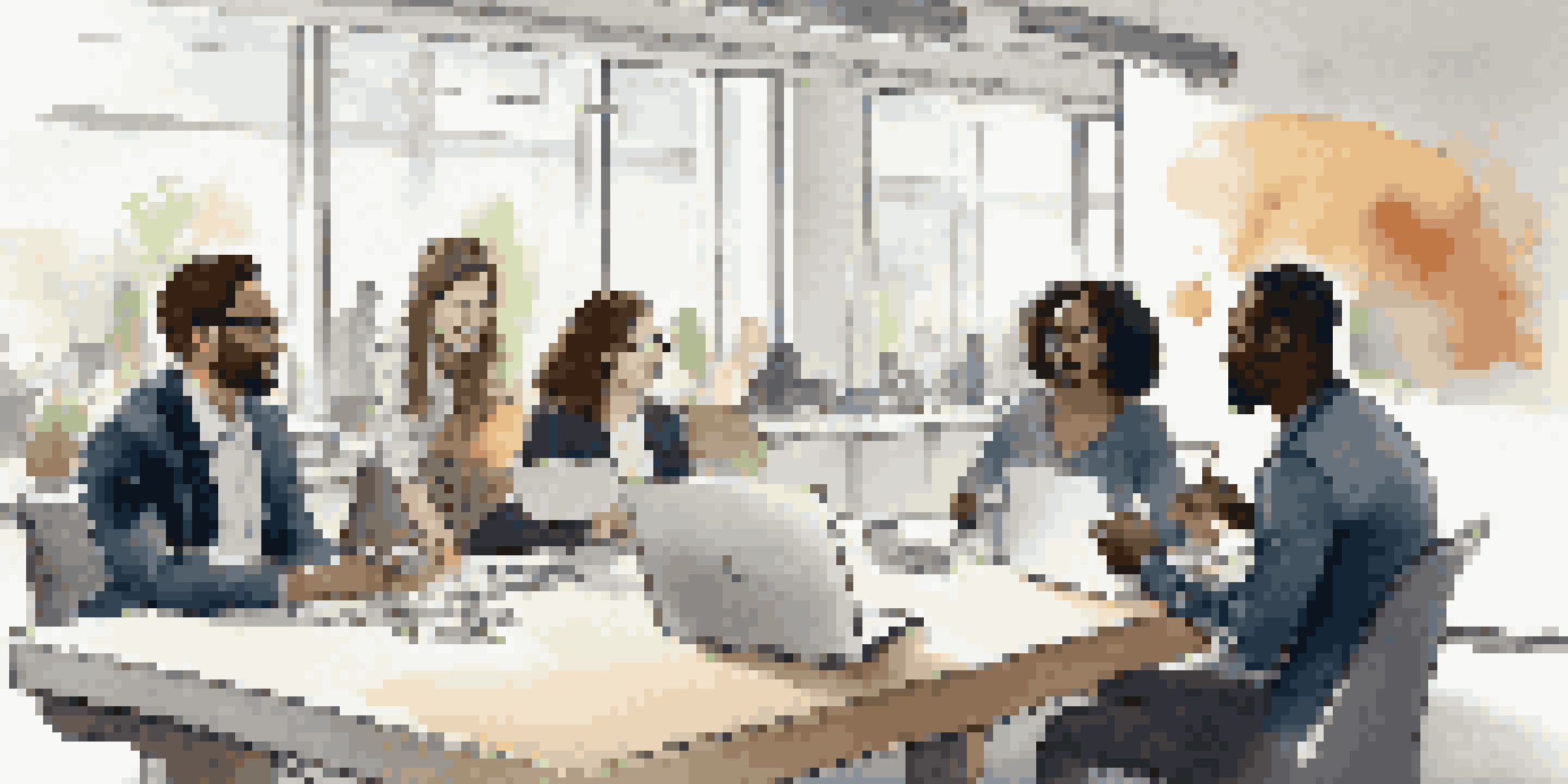 A diverse group of professionals in a conference room discussing ideas and collaborating with enthusiasm.