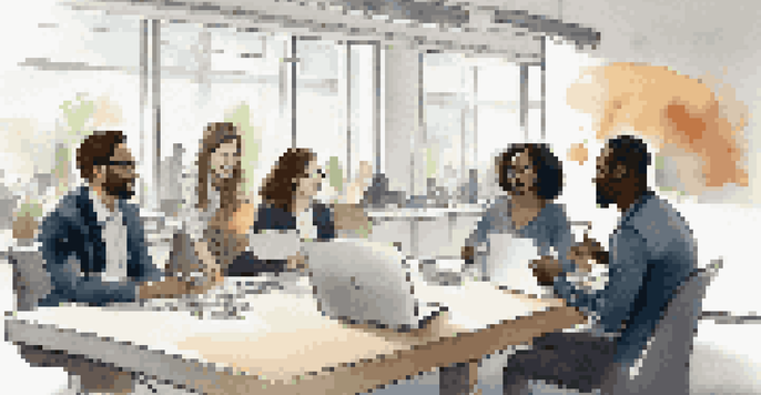 A diverse group of professionals in a conference room discussing ideas and collaborating with enthusiasm.