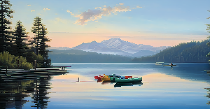 A peaceful lakeside scene at sunrise, featuring a dock and kayaks with mist rising off the water and mountains in the background.