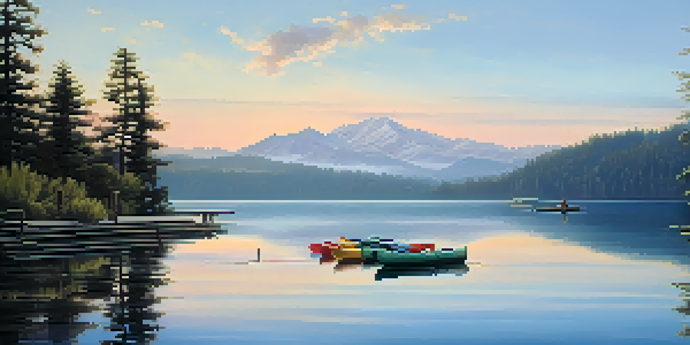 A peaceful lakeside scene at sunrise, featuring a dock and kayaks with mist rising off the water and mountains in the background.