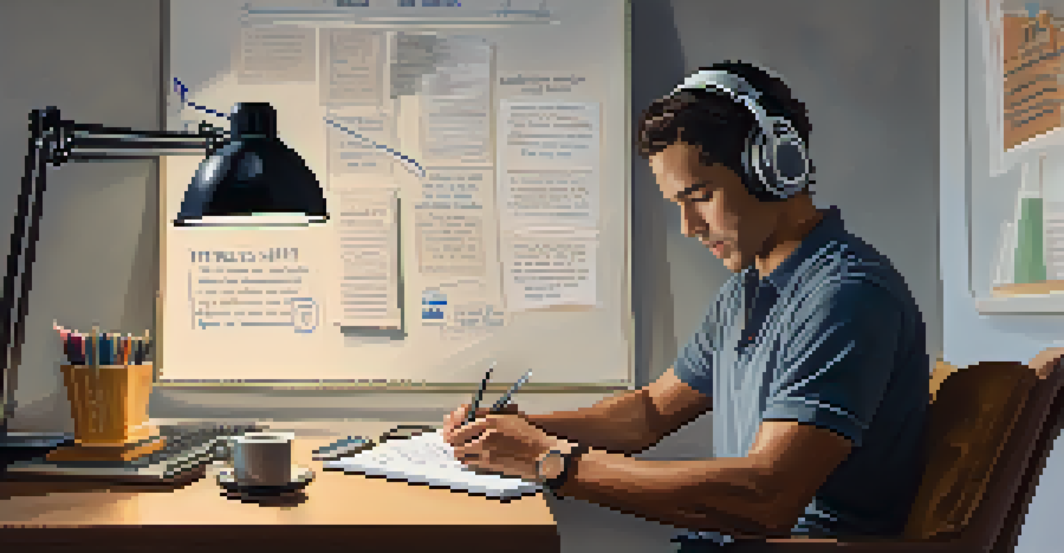 A person taking notes at a desk while listening to a podcast, with a lamp and motivational quotes in the background.