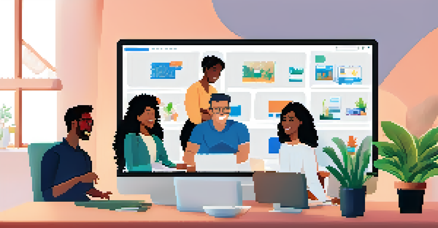 A computer screen displaying a virtual team meeting with smiling colleagues in their home offices.