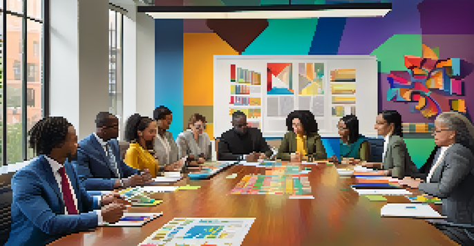 A diverse group of professionals collaborating at a conference table, showcasing cultural attire and engaged in brainstorming activities.