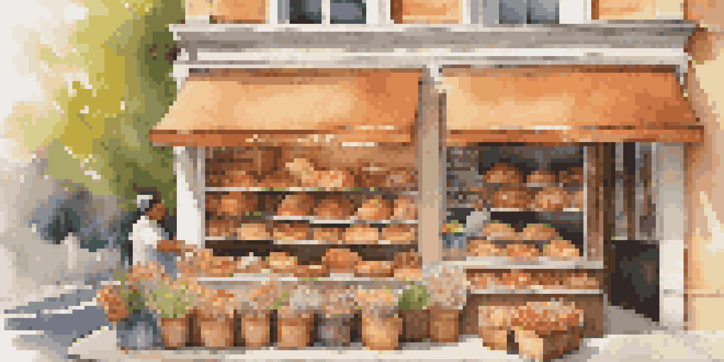 A bakery with artisan bread and pastries displayed in warm sunlight, with a baker arranging fresh loaves and flowers at the entrance.