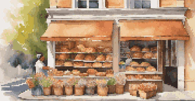 A bakery with artisan bread and pastries displayed in warm sunlight, with a baker arranging fresh loaves and flowers at the entrance.