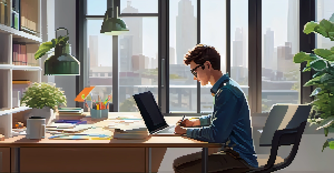 A young intern working diligently at a modern office desk with a laptop, notes, and a cup of coffee, surrounded by colorful stationery and potted plants.