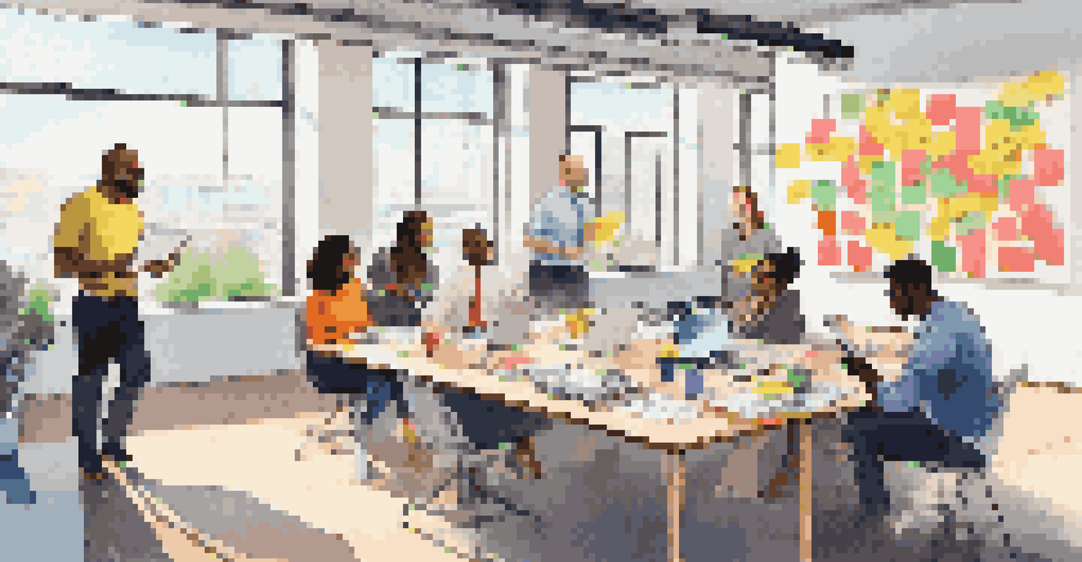 A diverse group of employees engaged in a brainstorming session in a bright office environment, surrounded by colorful sticky notes and digital devices.