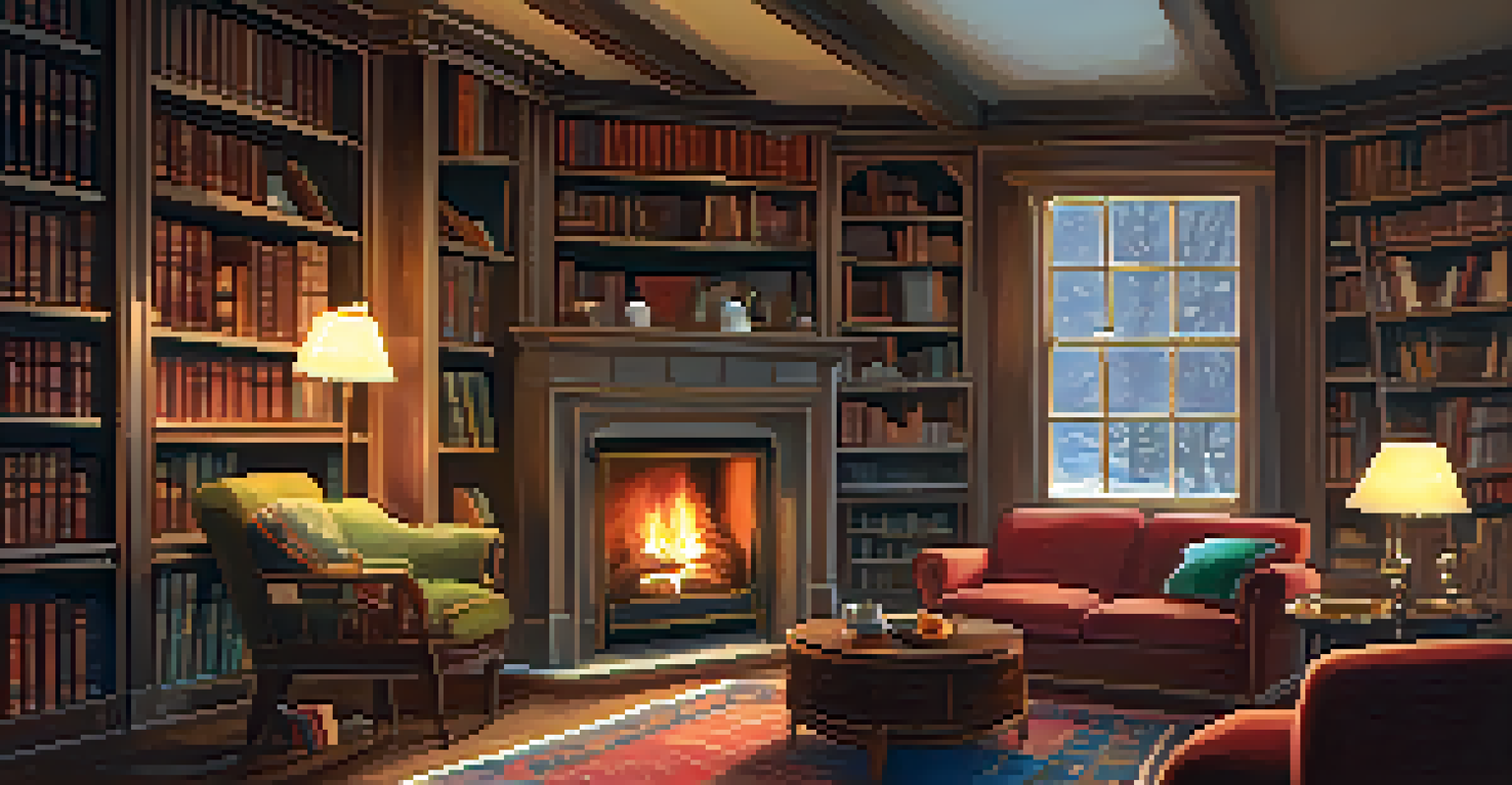 A cozy indoor scene featuring a crackling fireplace, comfortable armchairs, and falling snow outside the window.