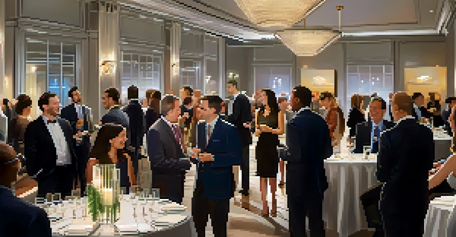 People networking and exchanging business cards at a professional event in a stylish venue with ambient lighting.