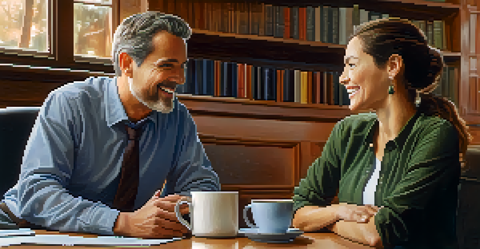 Two colleagues engaged in a one-on-one feedback conversation in a cozy office corner.
