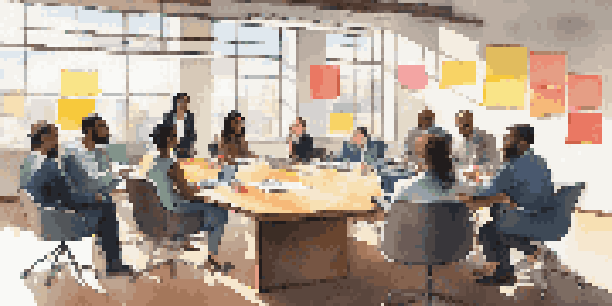 A diverse group of professionals collaborating in a bright conference room filled with sunlight.