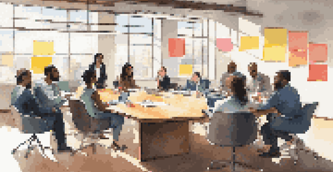 A diverse group of professionals collaborating in a bright conference room filled with sunlight.