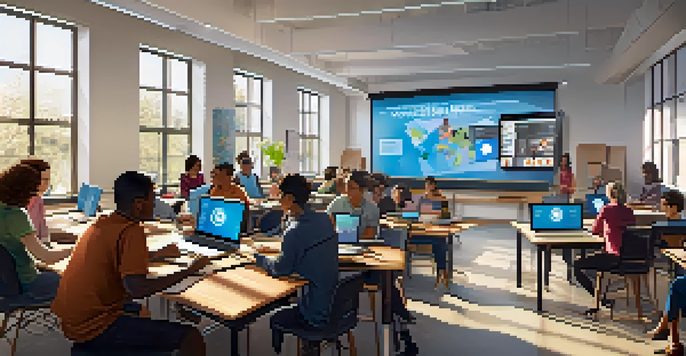 A bright classroom filled with adult learners participating in an online course, featuring laptops and a large screen.