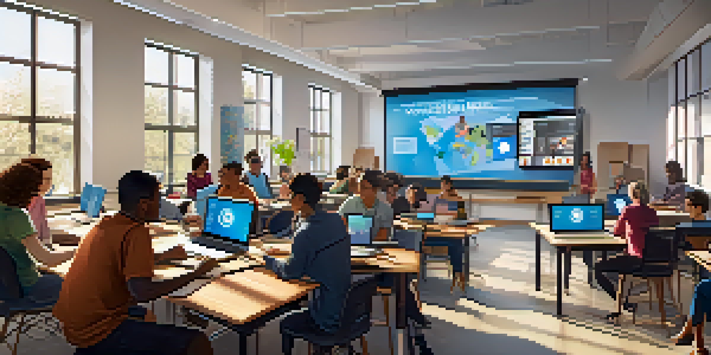 A bright classroom filled with adult learners participating in an online course, featuring laptops and a large screen.