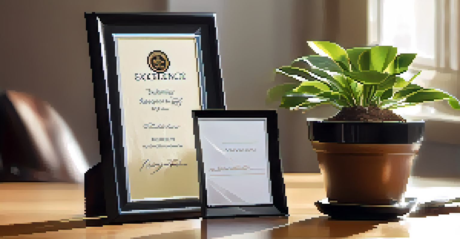 A close-up of a recognition award for excellence in ethics, surrounded by thank-you notes and a potted plant, in soft warm lighting.