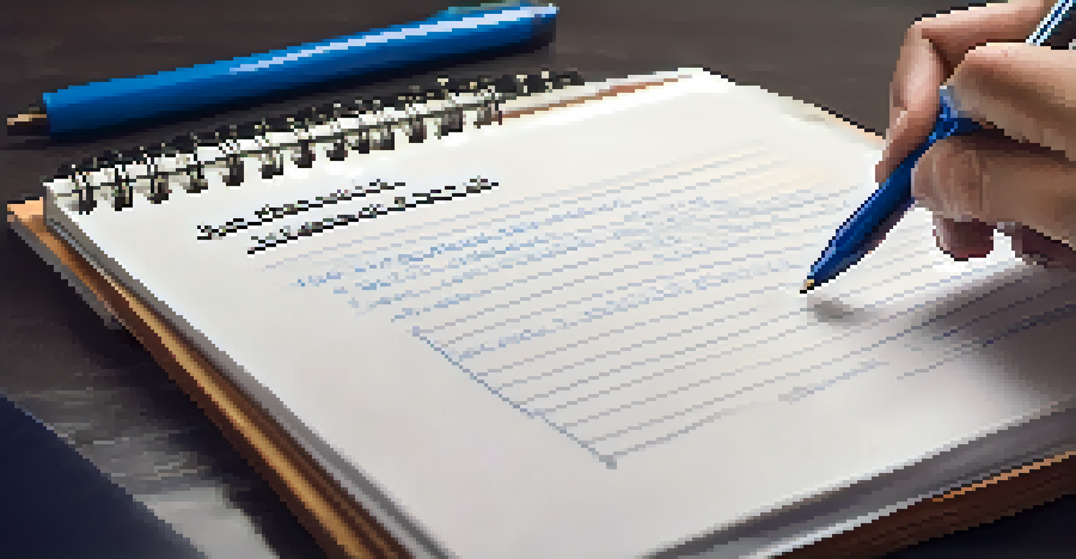 A close-up of a hand writing goals on a notepad with a computer screen in the background.