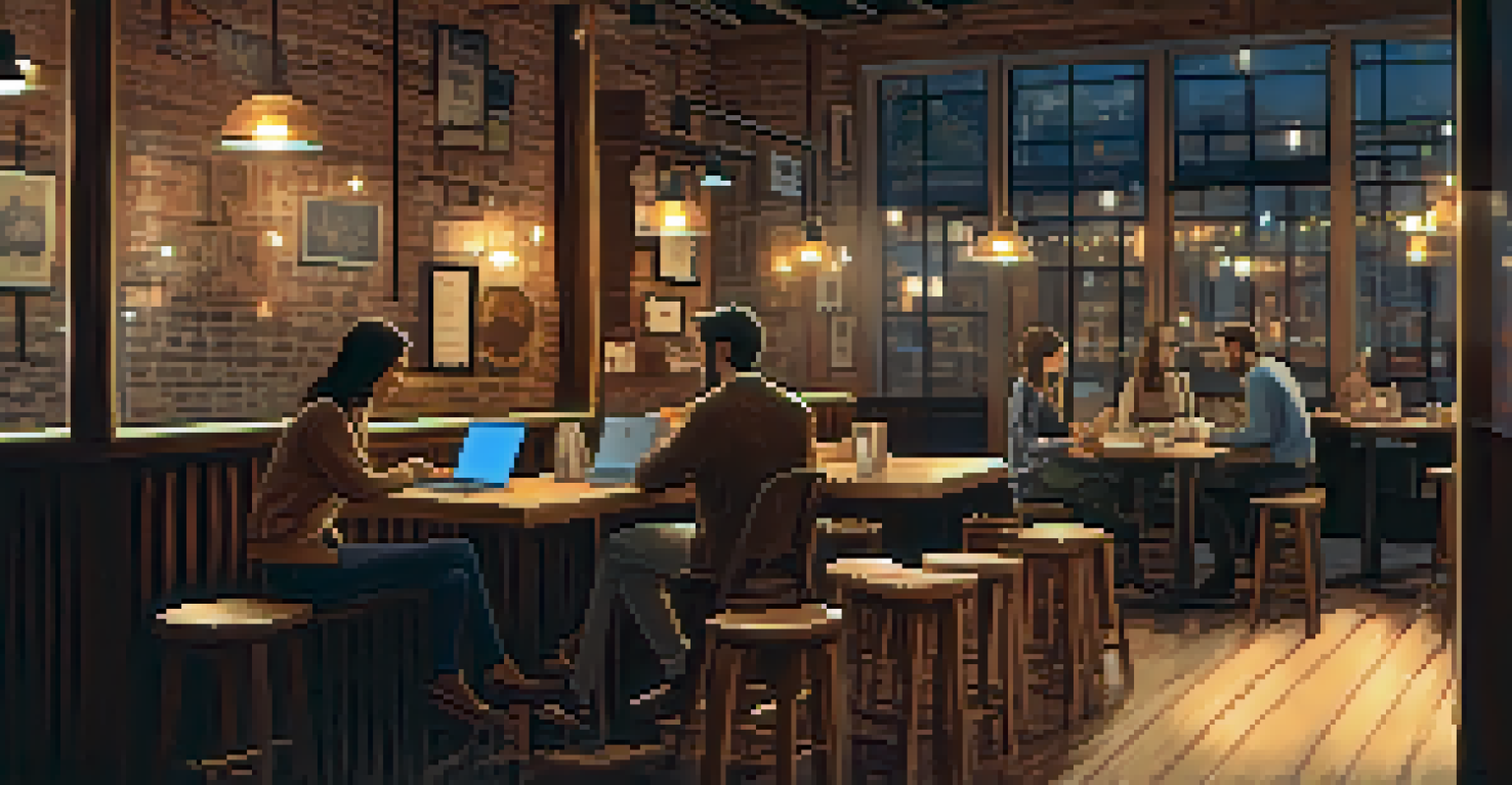 Two professionals having a deep conversation over coffee in a cozy café, with laptops open and a collaborative project displayed.