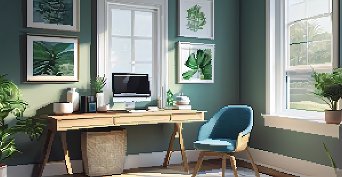 A well-organized home office with a laptop, plants, and motivational quotes on the wall, illuminated by natural light.