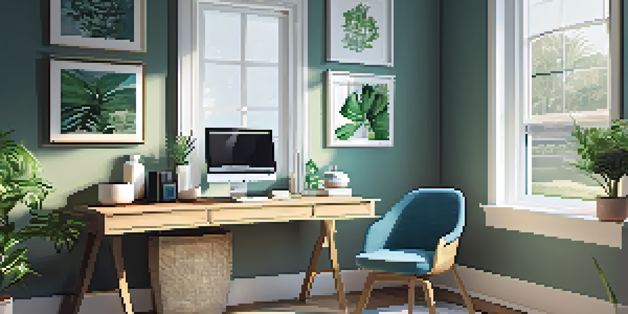 A well-organized home office with a laptop, plants, and motivational quotes on the wall, illuminated by natural light.