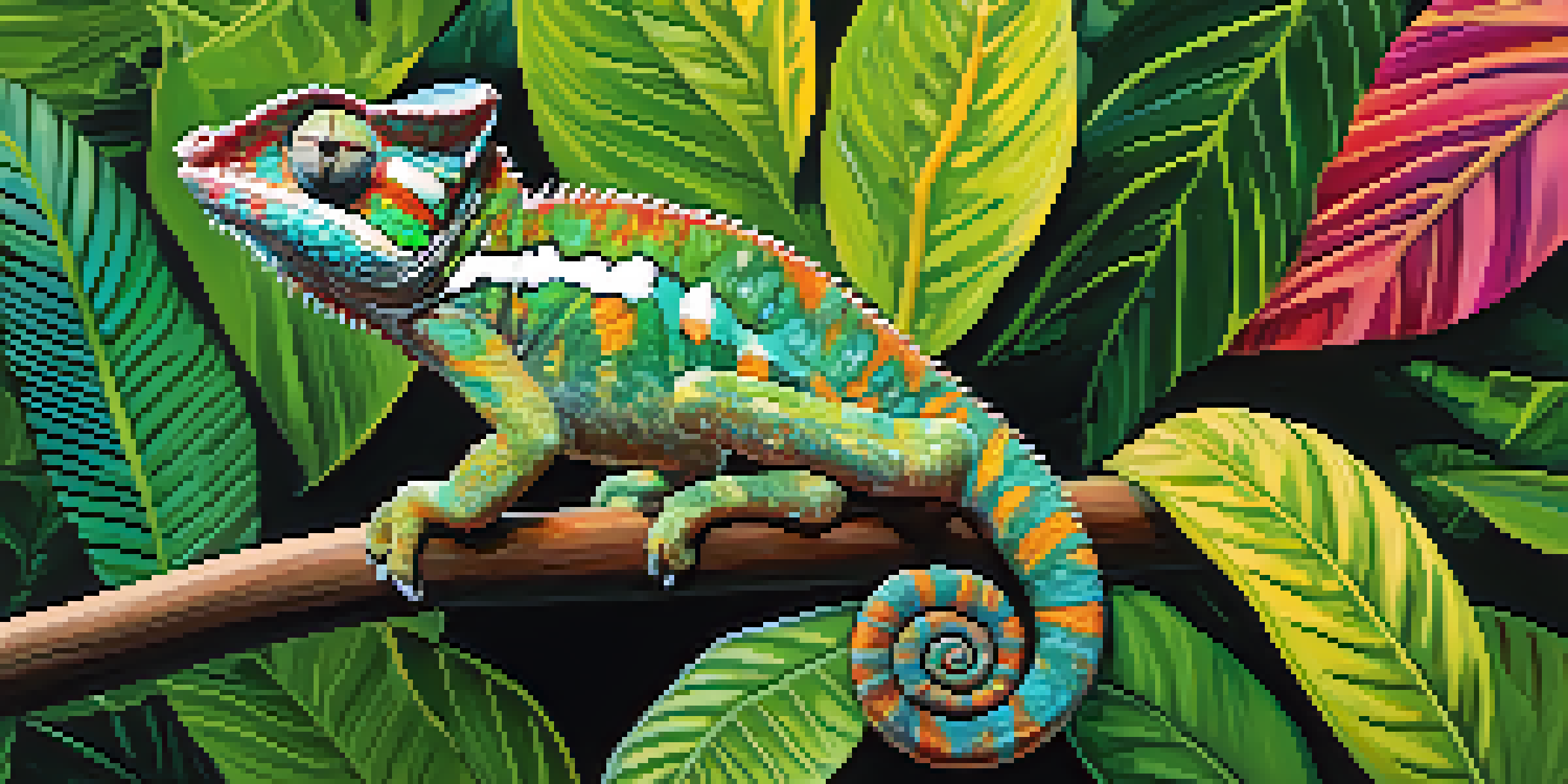 A colorful chameleon camouflaged among lush green leaves, with sunlight casting interesting patterns on its scales.