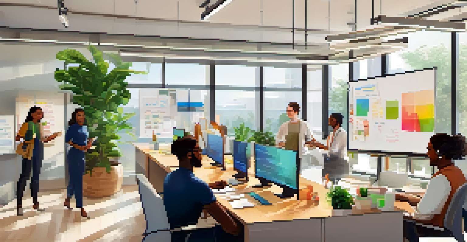 A diverse team collaborating over a video call in a bright office with a large screen.