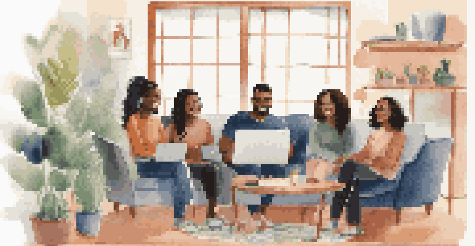 A computer screen displaying a virtual team meeting with diverse participants in a cozy living room setting.
