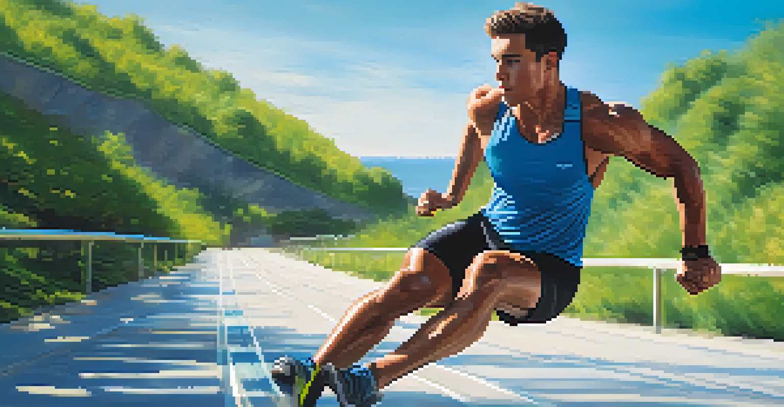 An athlete training outdoors with determination, surrounded by lush greenery and a clear blue sky.