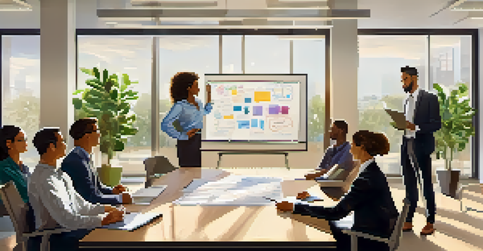 A group of diverse professionals in an office, engaged in a constructive feedback session with a whiteboard presentation.