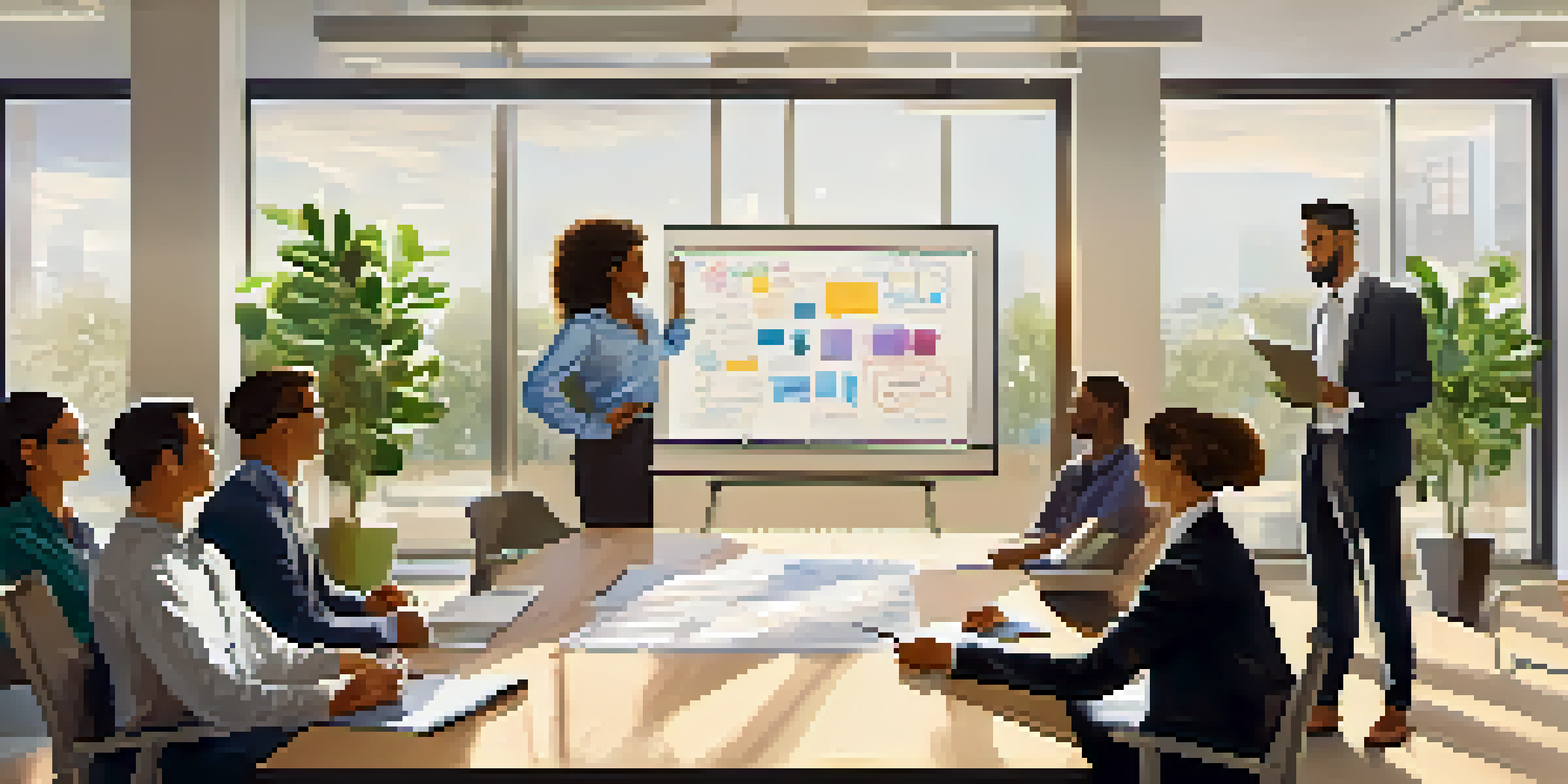 A group of diverse professionals in an office, engaged in a constructive feedback session with a whiteboard presentation.