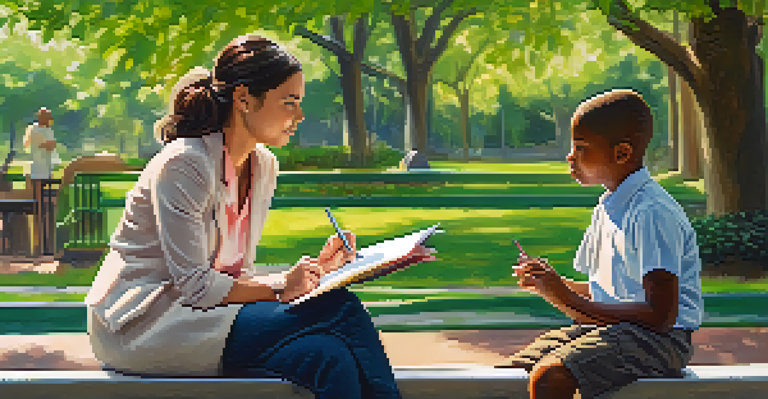 A mentor and mentee having a thoughtful conversation on a park bench, surrounded by greenery, emphasizing guidance and learning.