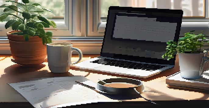 A cozy and organized workspace with a wooden desk, an open planner, a laptop, and a steaming coffee cup, illuminated by soft morning light.