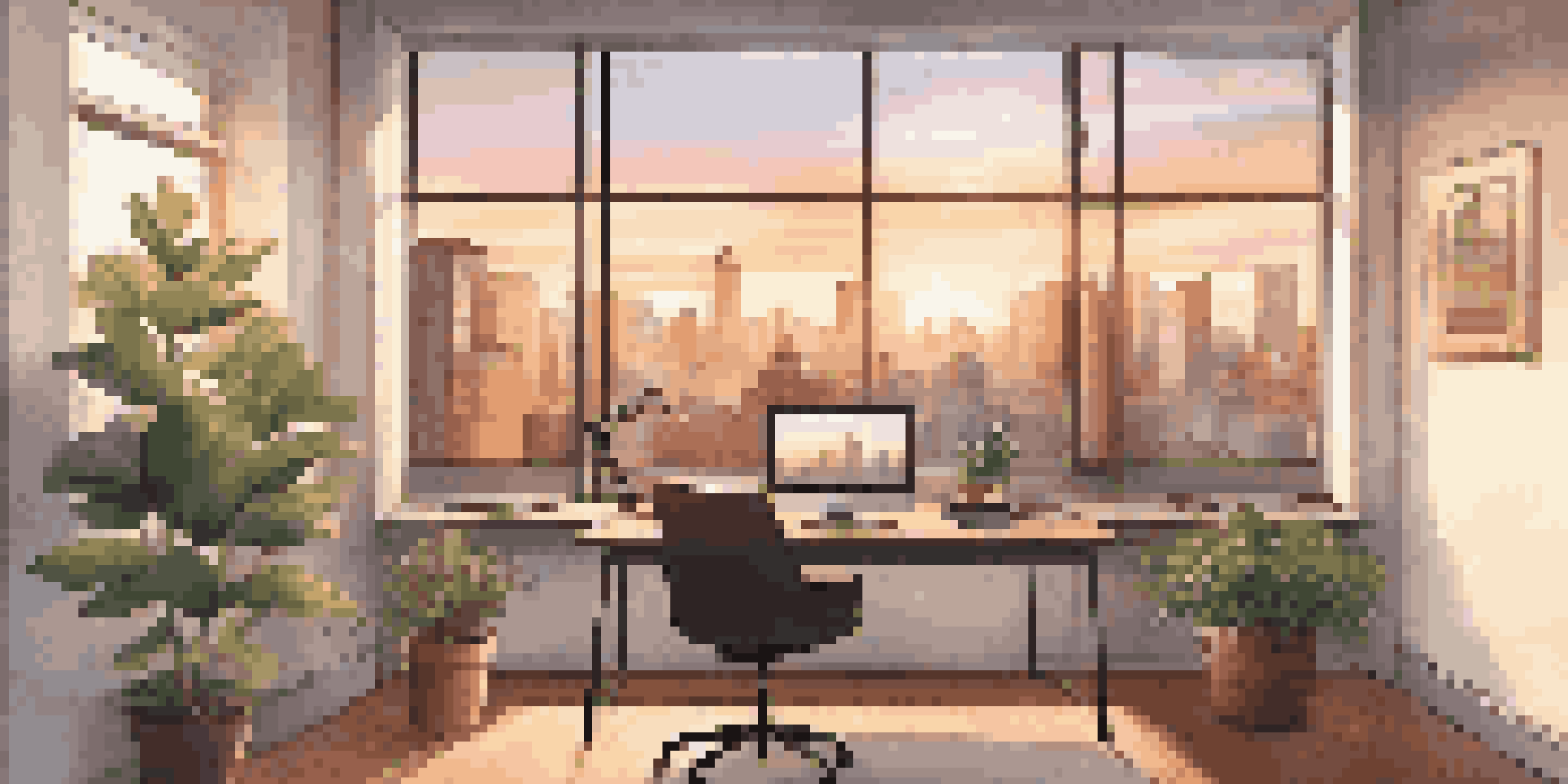 A cozy office with a view of a city skyline at sunset, featuring a desk with a laptop and plants.