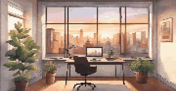 A cozy office with a view of a city skyline at sunset, featuring a desk with a laptop and plants.