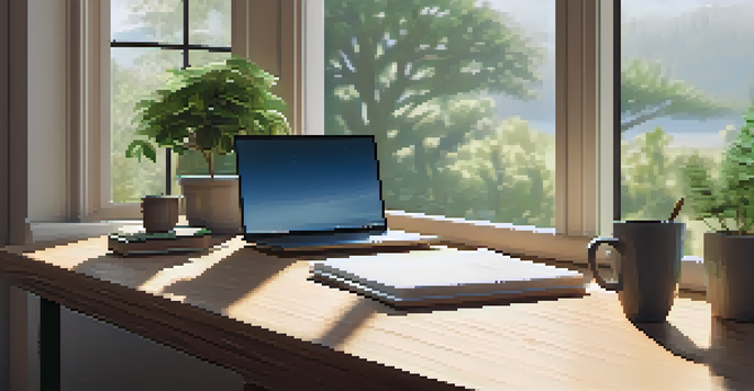 A cozy workspace with a wooden desk, laptop, notepad, and a cup of coffee, illuminated by natural light from a window with a view of trees outside.