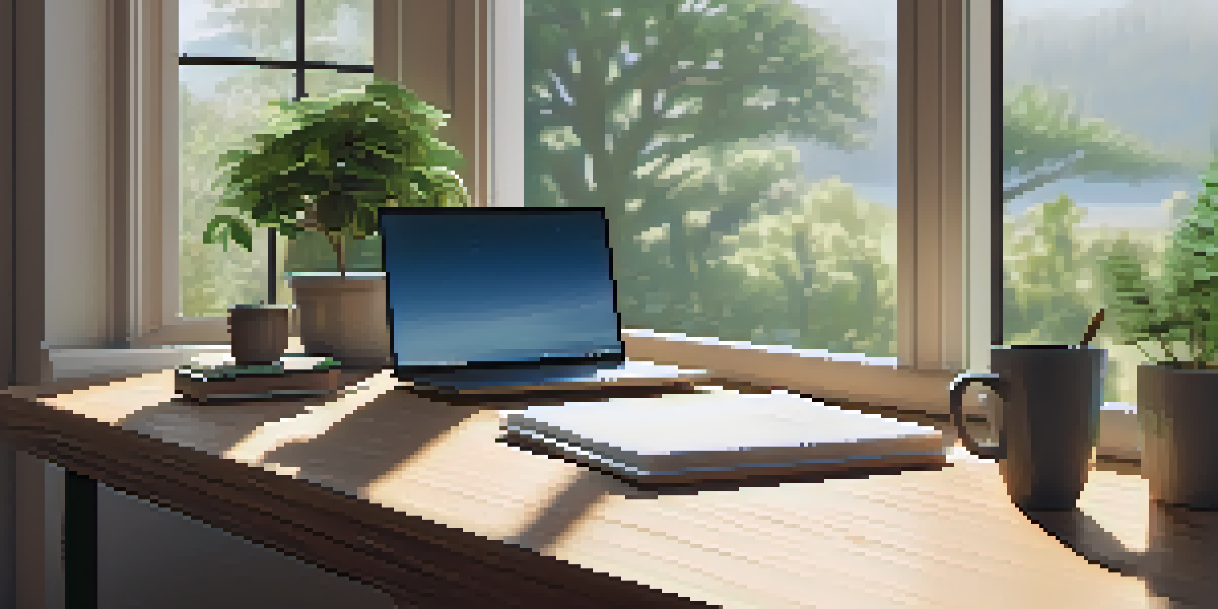 A cozy workspace with a wooden desk, laptop, notepad, and a cup of coffee, illuminated by natural light from a window with a view of trees outside.
