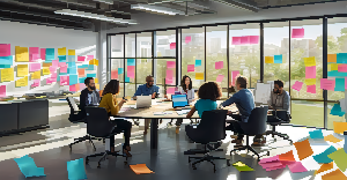 A diverse team of professionals collaborating at a round table in a bright office, surrounded by sticky notes and laptops, showcasing engagement and teamwork.