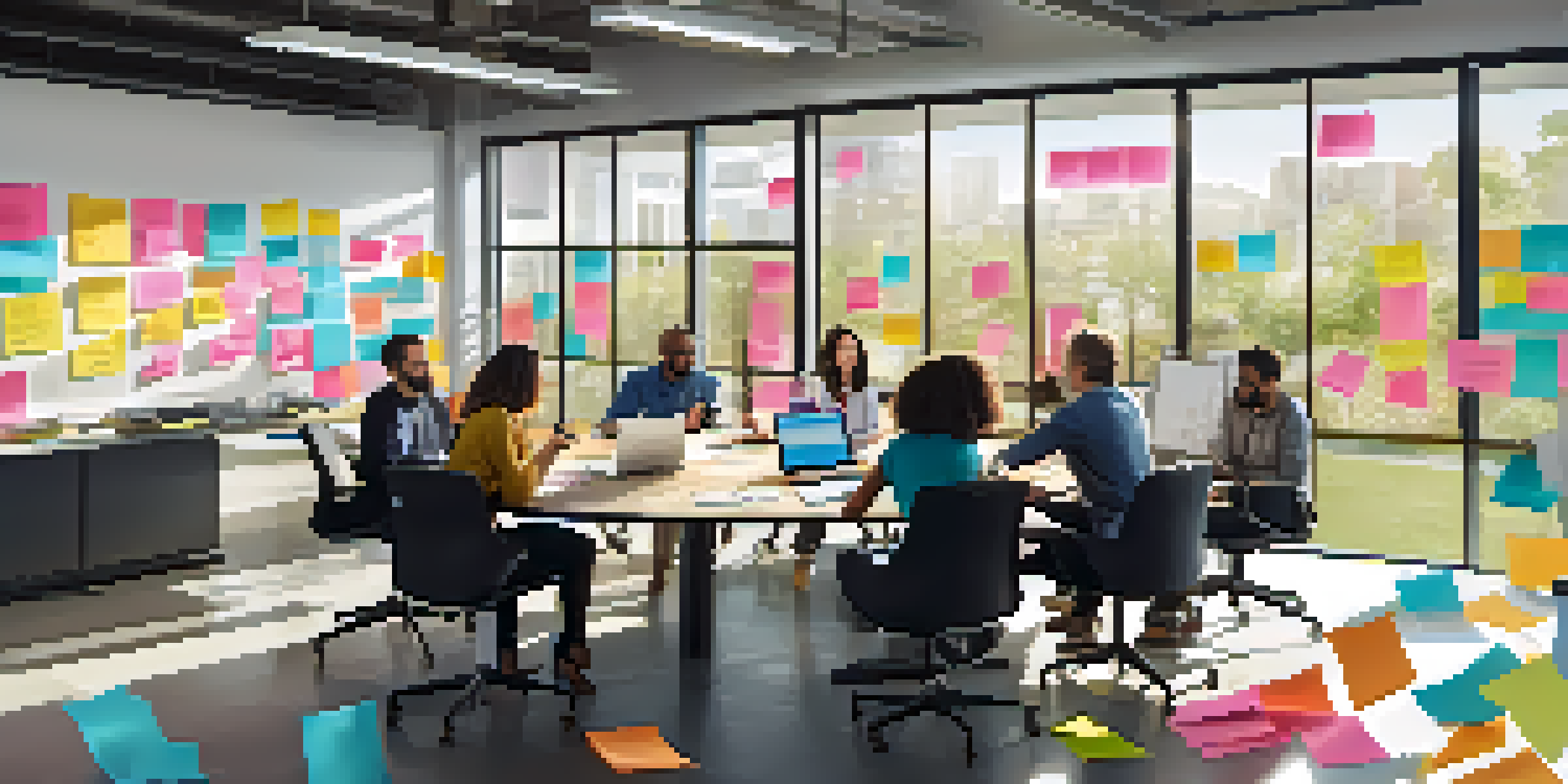A diverse team of professionals collaborating at a round table in a bright office, surrounded by sticky notes and laptops, showcasing engagement and teamwork.