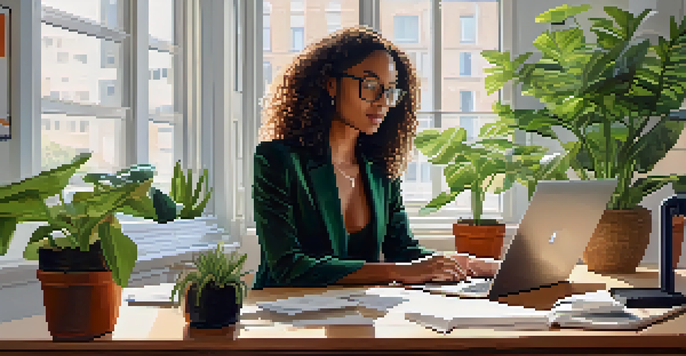 A professional woman at a desk reviewing her LinkedIn profile on a laptop, surrounded by plants and motivational quotes.