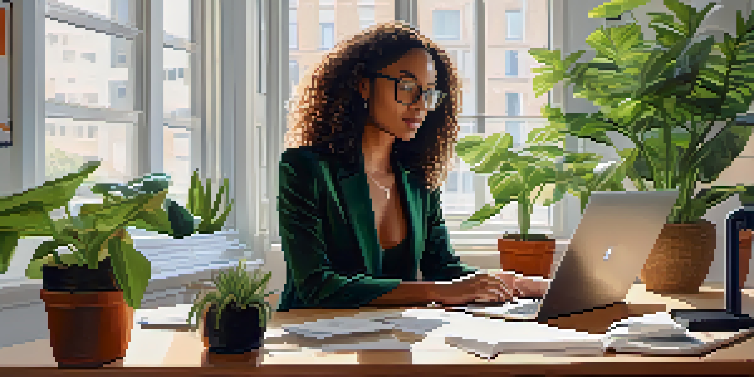 A professional woman at a desk reviewing her LinkedIn profile on a laptop, surrounded by plants and motivational quotes.