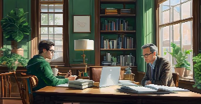 A mentor and mentee discussing over a laptop in a bright office filled with books and plants.