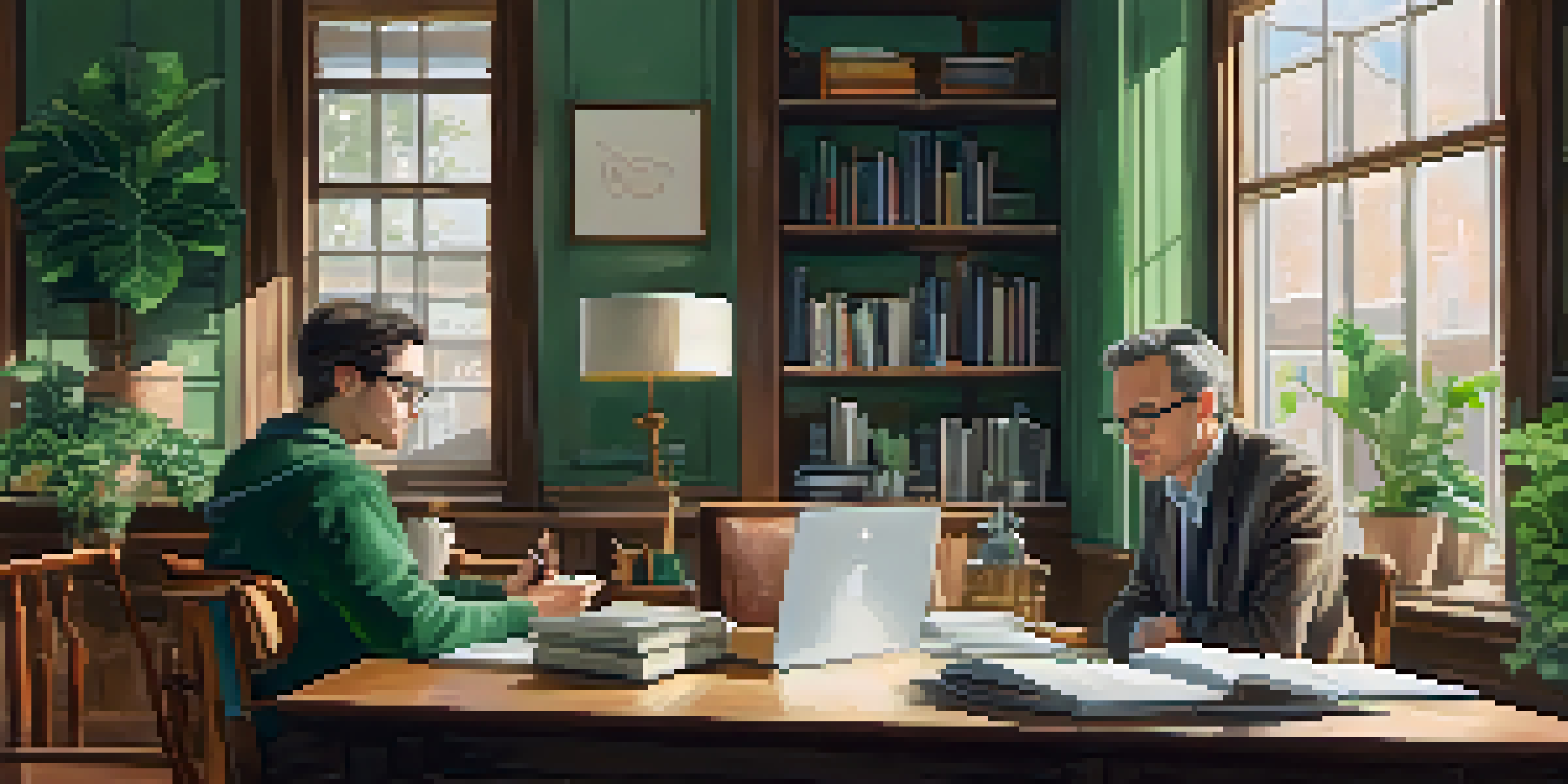 A mentor and mentee discussing over a laptop in a bright office filled with books and plants.