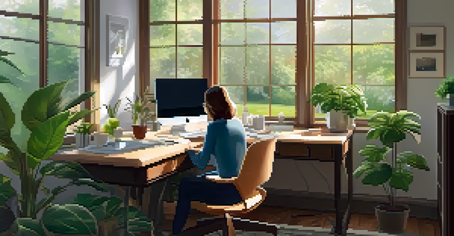 A cozy home office with a view of a garden, featuring a laptop and a cup of tea, illustrating a work-life balance.