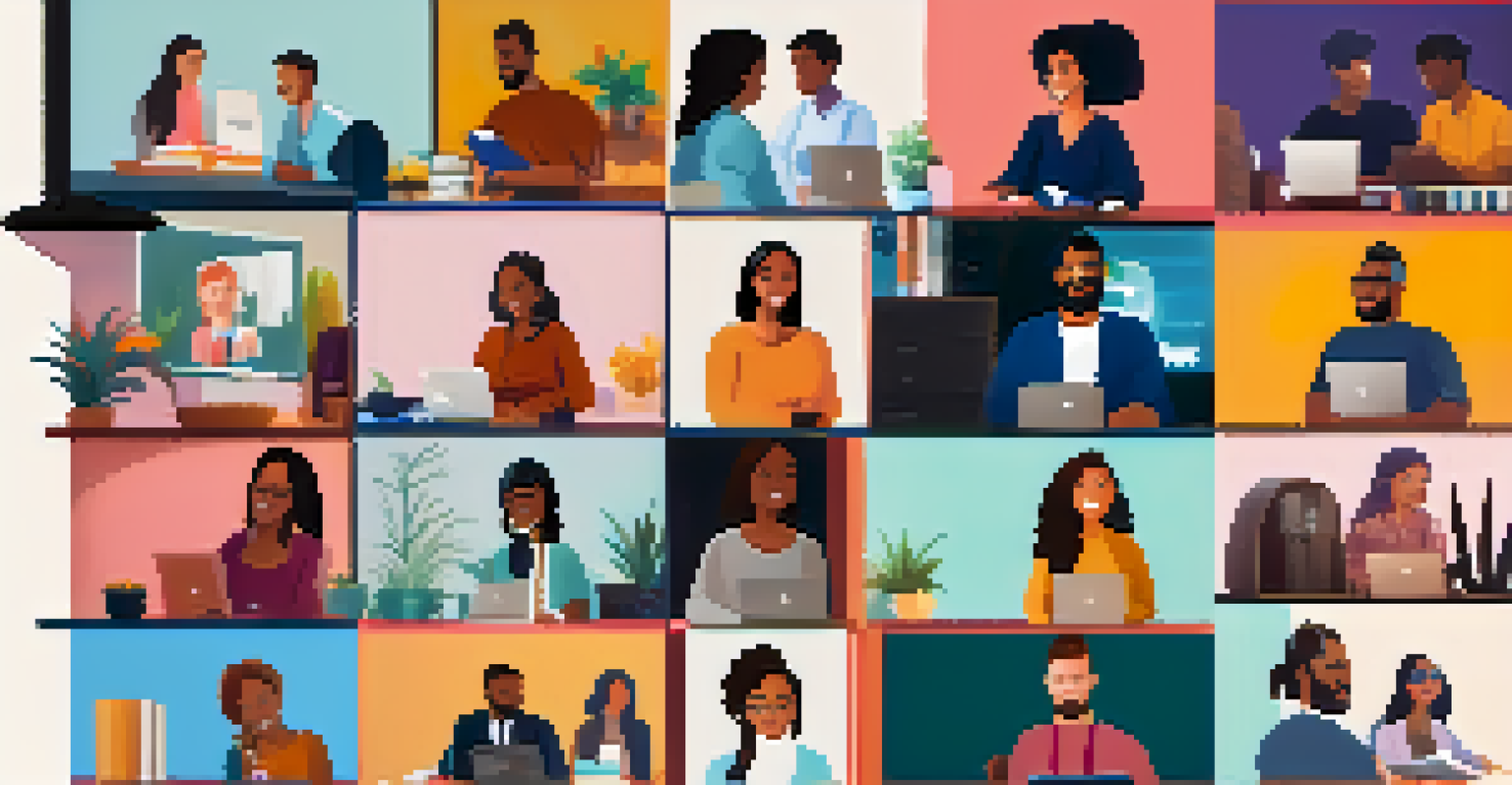 A diverse group of individuals on a video call, showcasing different home office setups with warm lighting.