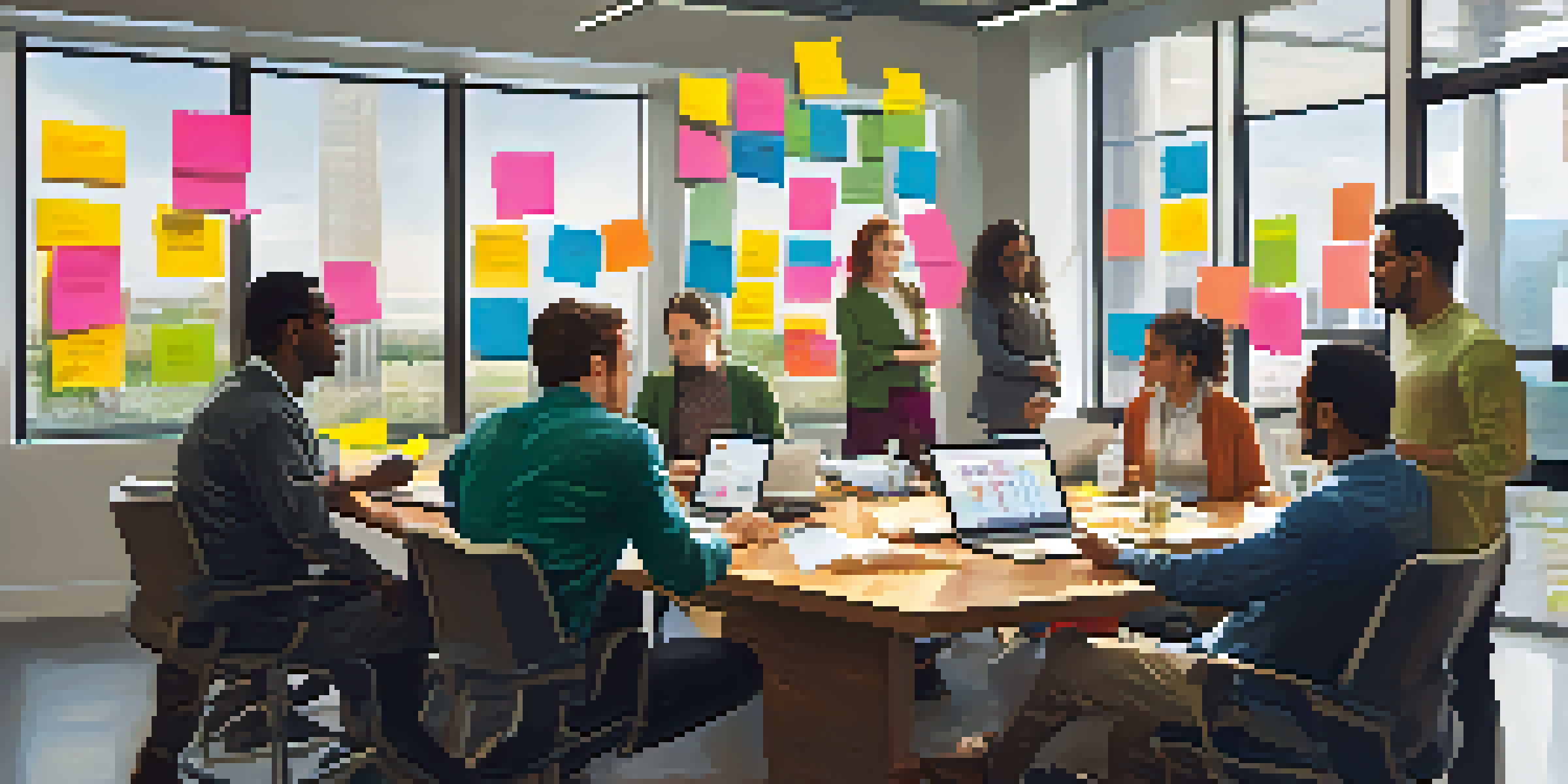 A diverse group of professionals collaborating in a bright office, surrounded by laptops and post-it notes.