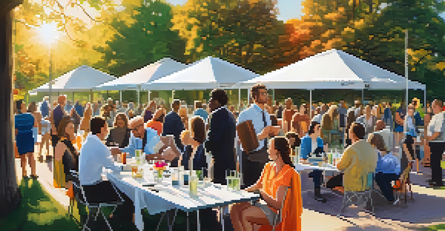 An outdoor networking event in a park with people chatting and colorful banners.