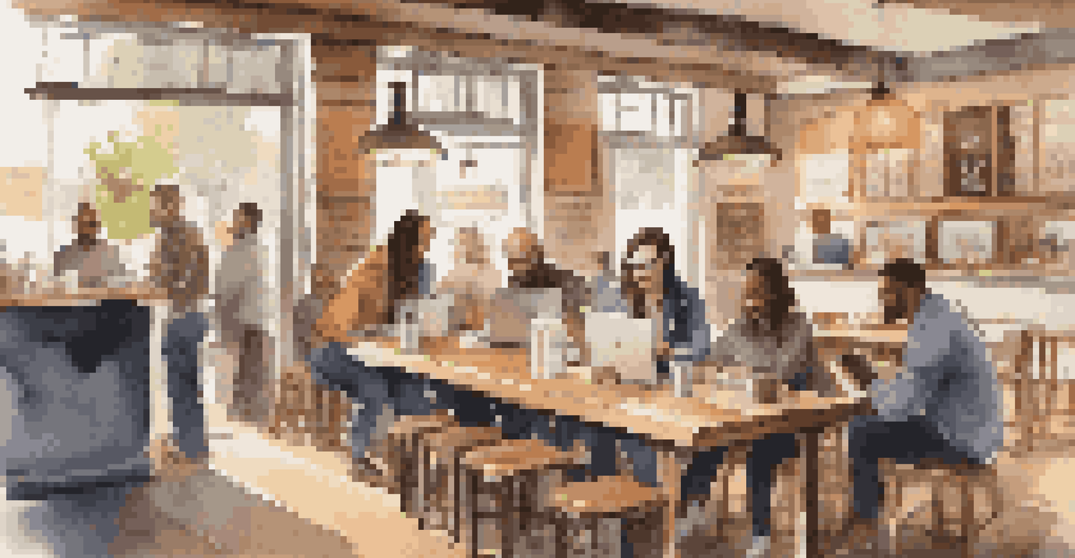 A cozy coffee shop with diverse individuals engaged in discussions over laptops and notebooks, illuminated by warm lighting.
