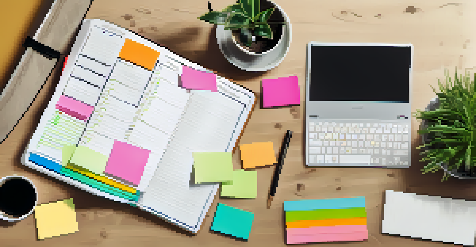 A desk with a planner showing SMART goals, colorful sticky notes, a laptop, and a coffee cup, illustrating a productive workspace.