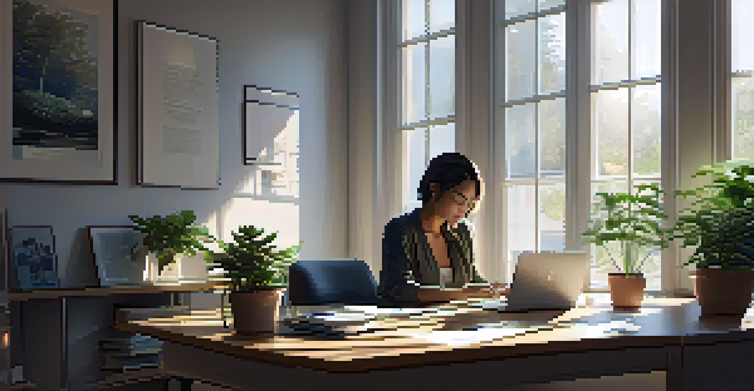 A person practicing self-regulation in a serene office, reflecting before responding to an email.