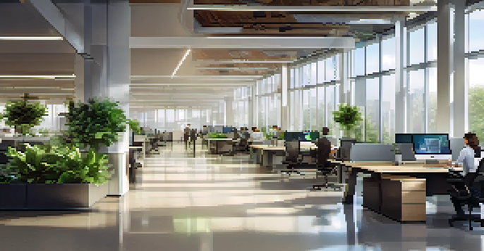A spacious and bright corporate office with glass walls, plants, and diverse employees collaborating in a modern workspace.